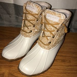 white and tan sperry duck boots